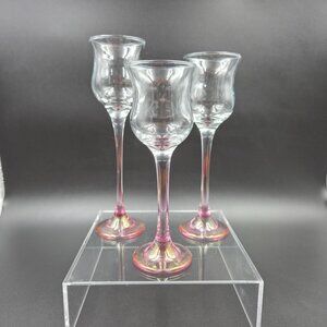 Vintage Pink Iridescent Stemmed Glass Candleholder Set Graduated Trio